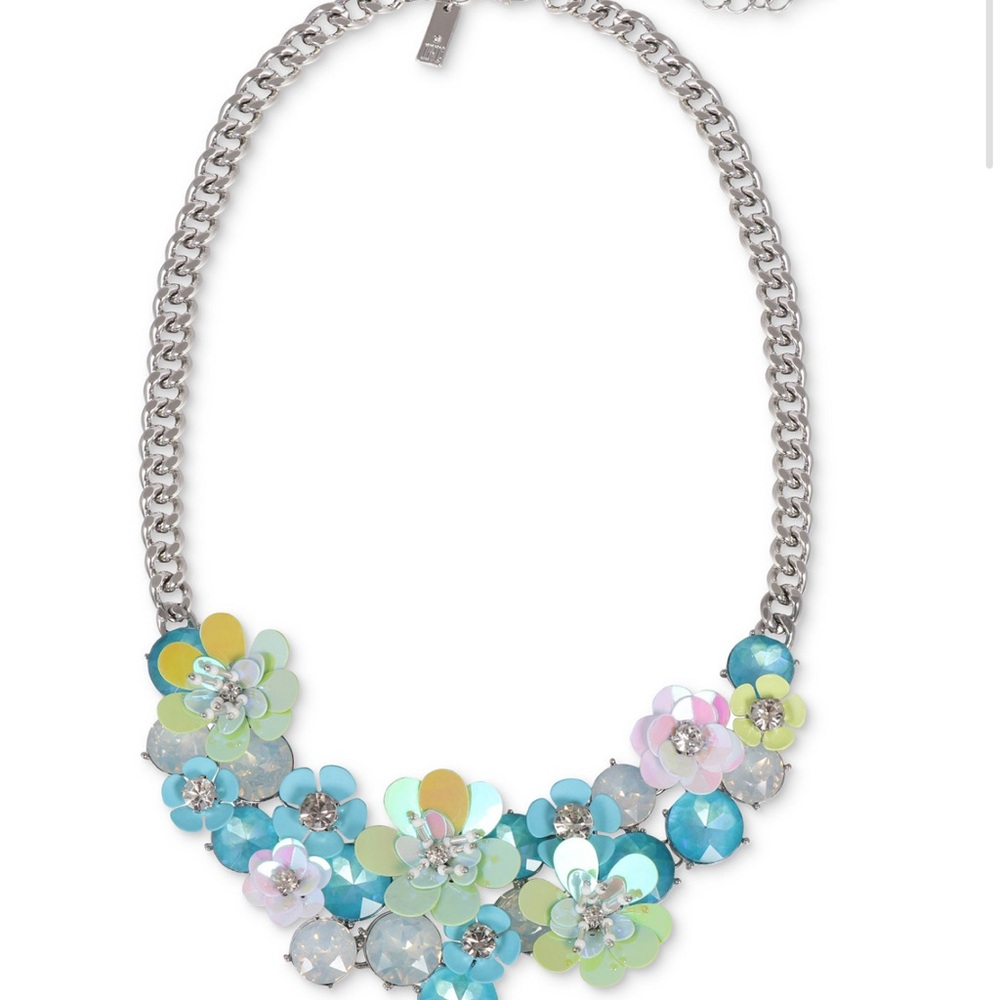 Silver-Tone Mixed Stone Flower Statement Necklace… - image 3